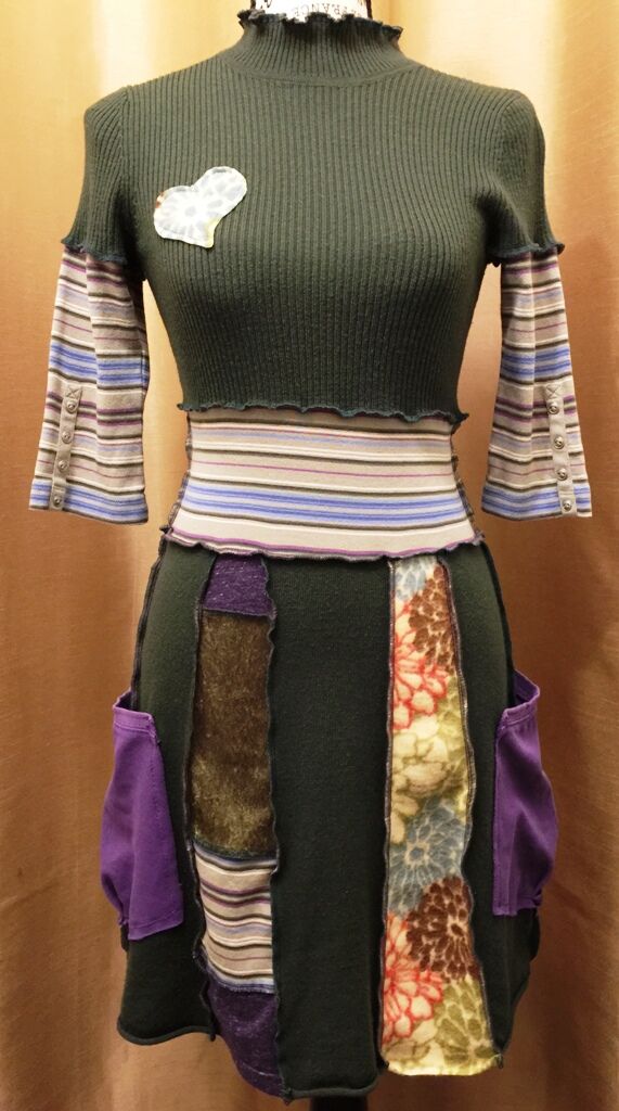Upcycled Boho Patchwork Green Wool Dress