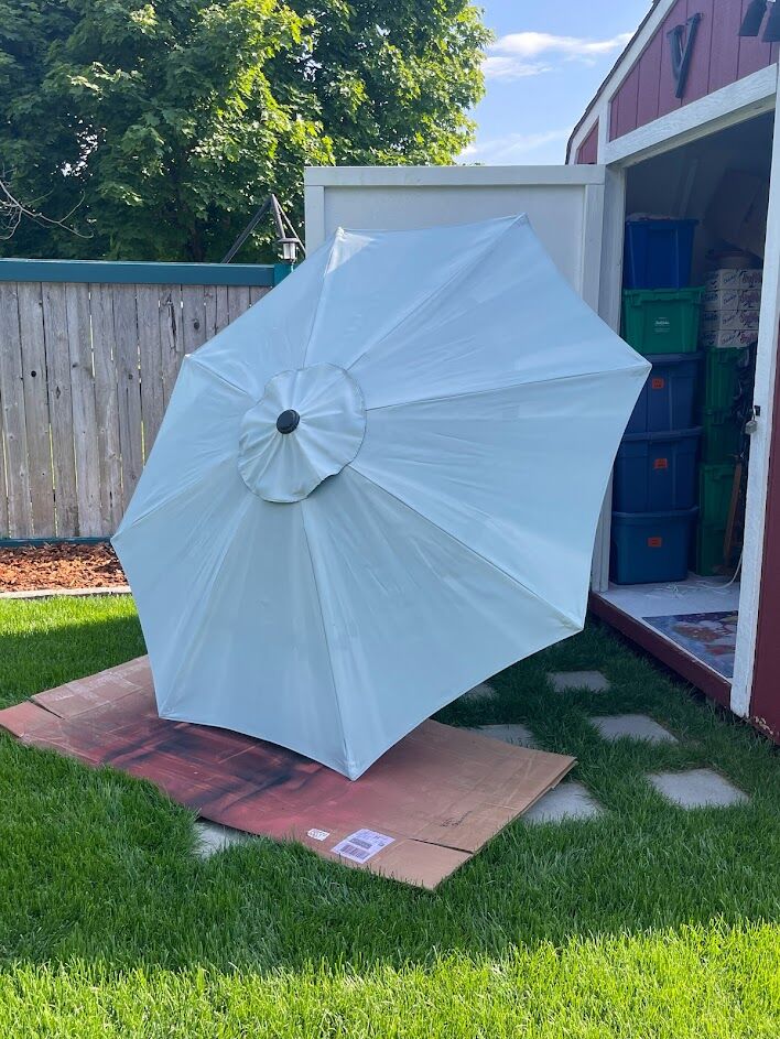 can you dye a faded patio umbrella Let's Spray Paint the Deck Umbrella Fabric!
